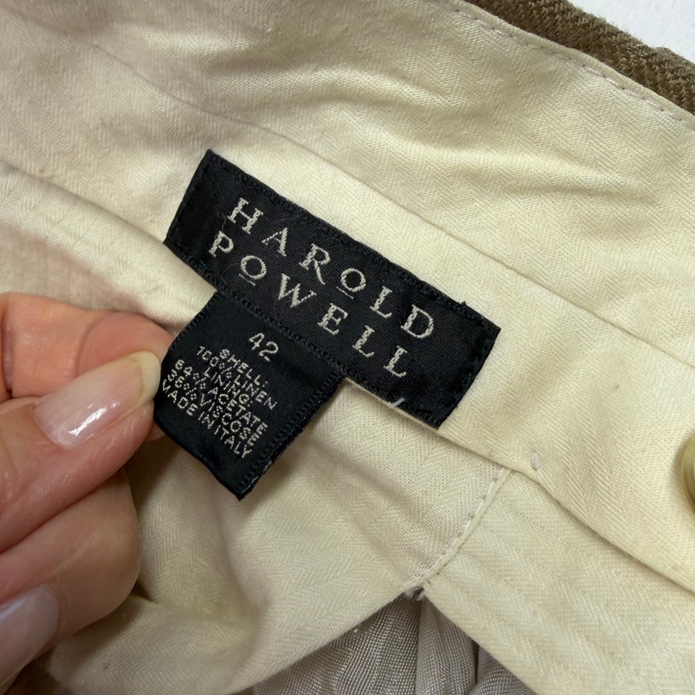 Harold Powell Linen Trousers Mens 42 Brown Pleated Cuffed Herringbone Old Money - Picture 5 of 8